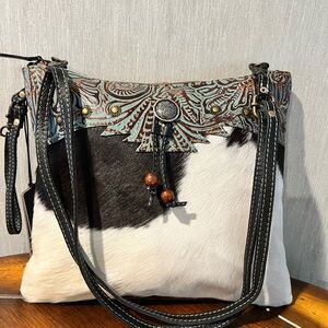 Myra Bag Black and White Crossbody with Brown Accents